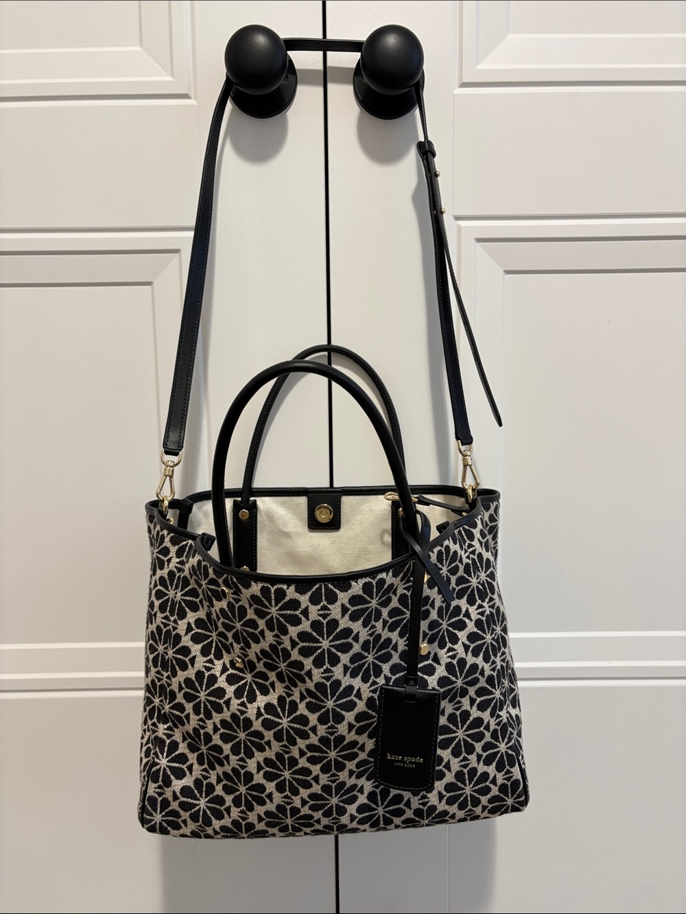 kate spade Black & Cream Floral Jacquard Tote with Adjustable Strap